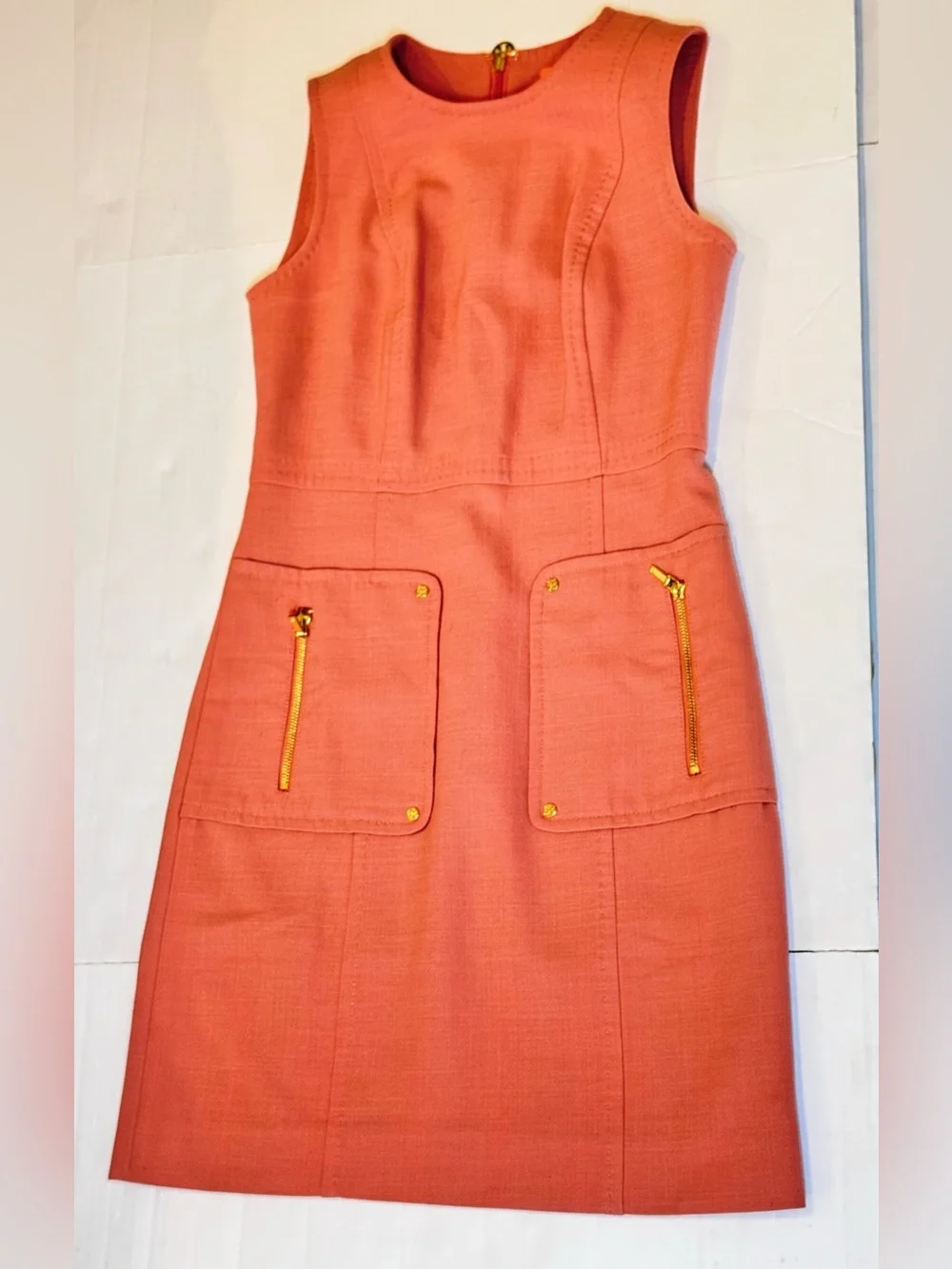 Tory Burch Petra Dress 2 Peach Wool Blend Sheath Gold Zip Pockets Officecore